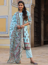 Women'S Skyblue Cambric Floral Placement Printed Straight Fit Kurta Sets